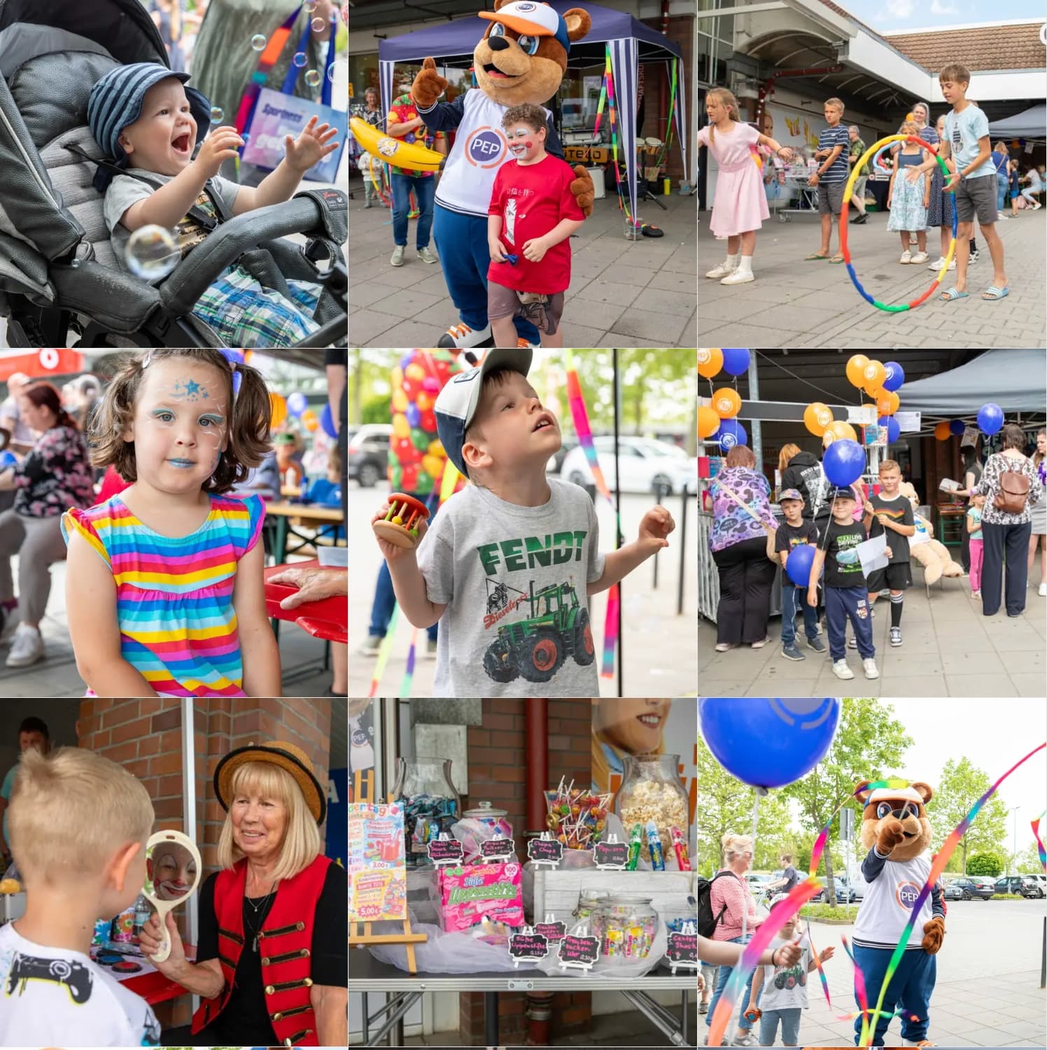 Impressionen aus dem PEP Torgau: Kinder beim Kinderfest, PEP-Maskottchen, Kinderschminken und Süßigkeitenstand